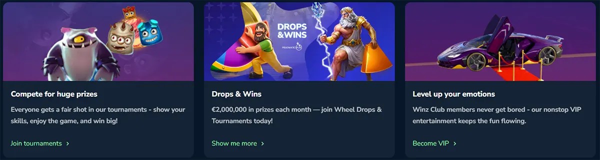 Winz.io promotion cards highlighting competitive tournaments, a monthly €2,000,000 Drops & Wins prize pool, and the exclusive Winz Club VIP program.