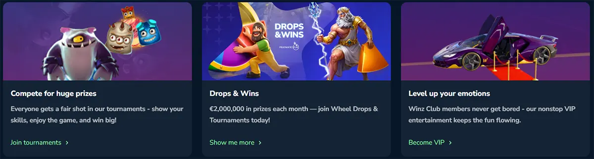 Winz.io promotion cards highlighting competitive tournaments, a monthly €2,000,000 Drops & Wins prize pool, and the exclusive Winz Club VIP program.
