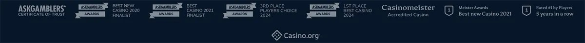 A display of industry trust badges and awards for Winz, including an AskGamblers Certificate of Trust and multiple 