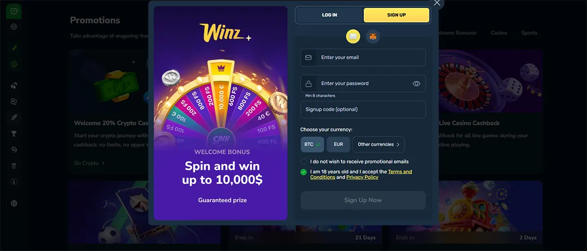 Winz.io sign-up modal showing the registration form alongside a 